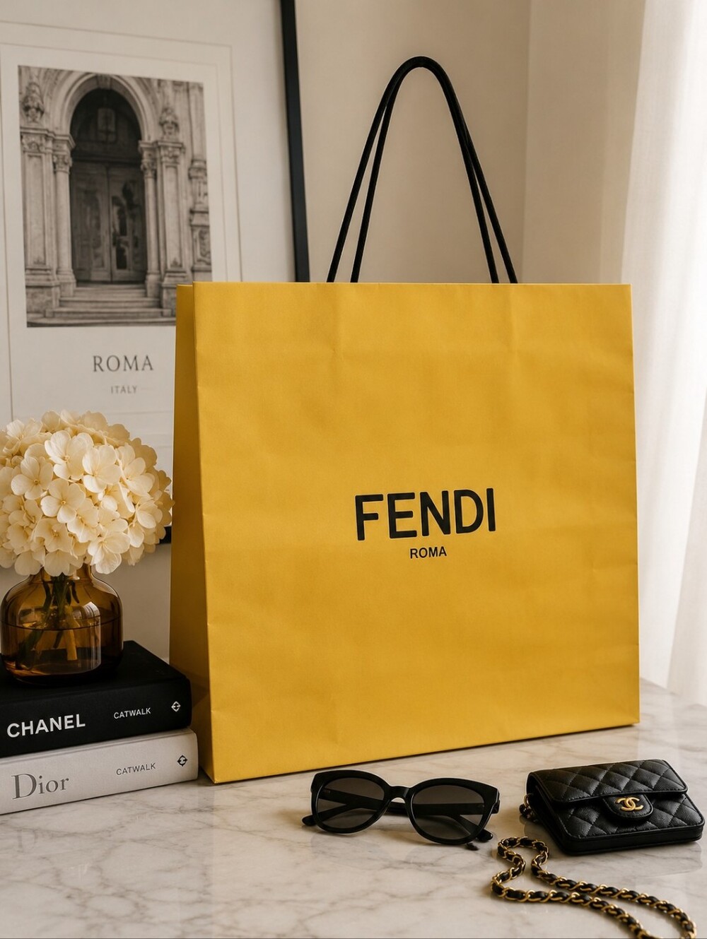 Fendi Yellow Shopping Bag with Black Logo and Handles